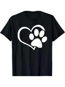 Dog Dad Mom Puppy Shirt Love Dogs Paw Print Heart Women Men T-Shirt, All-Season, Family T-shirt. (Color: Black, size: S)