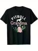 Pitbull Grandma" T-Shirt - 100% Cotton, Black with Pink Floral Design, Ideal Gift for Dog Lovers, Comfortable Round Neck